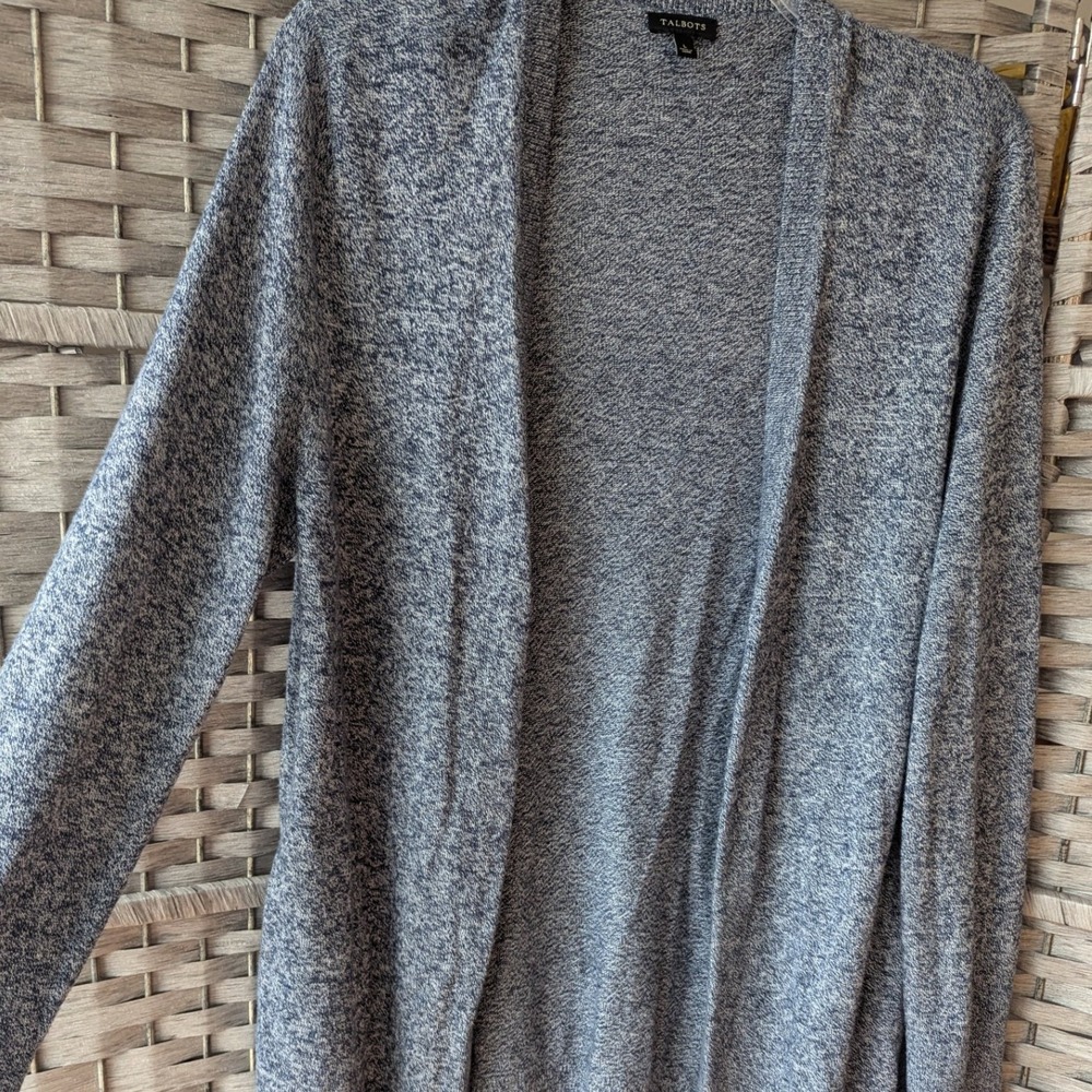 Talbots Blue Marled Cotton Cashmere Open Front Cardigan Longline Textured Knit - Picture 2 of 8